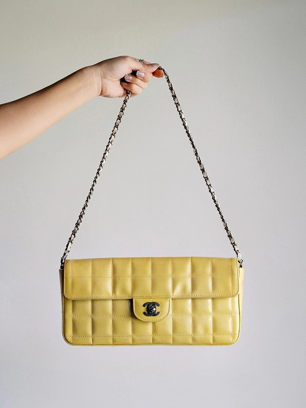 Chanel Chocolate Bar Patent Leather Flap Chain Shoulder Bag Yellow
